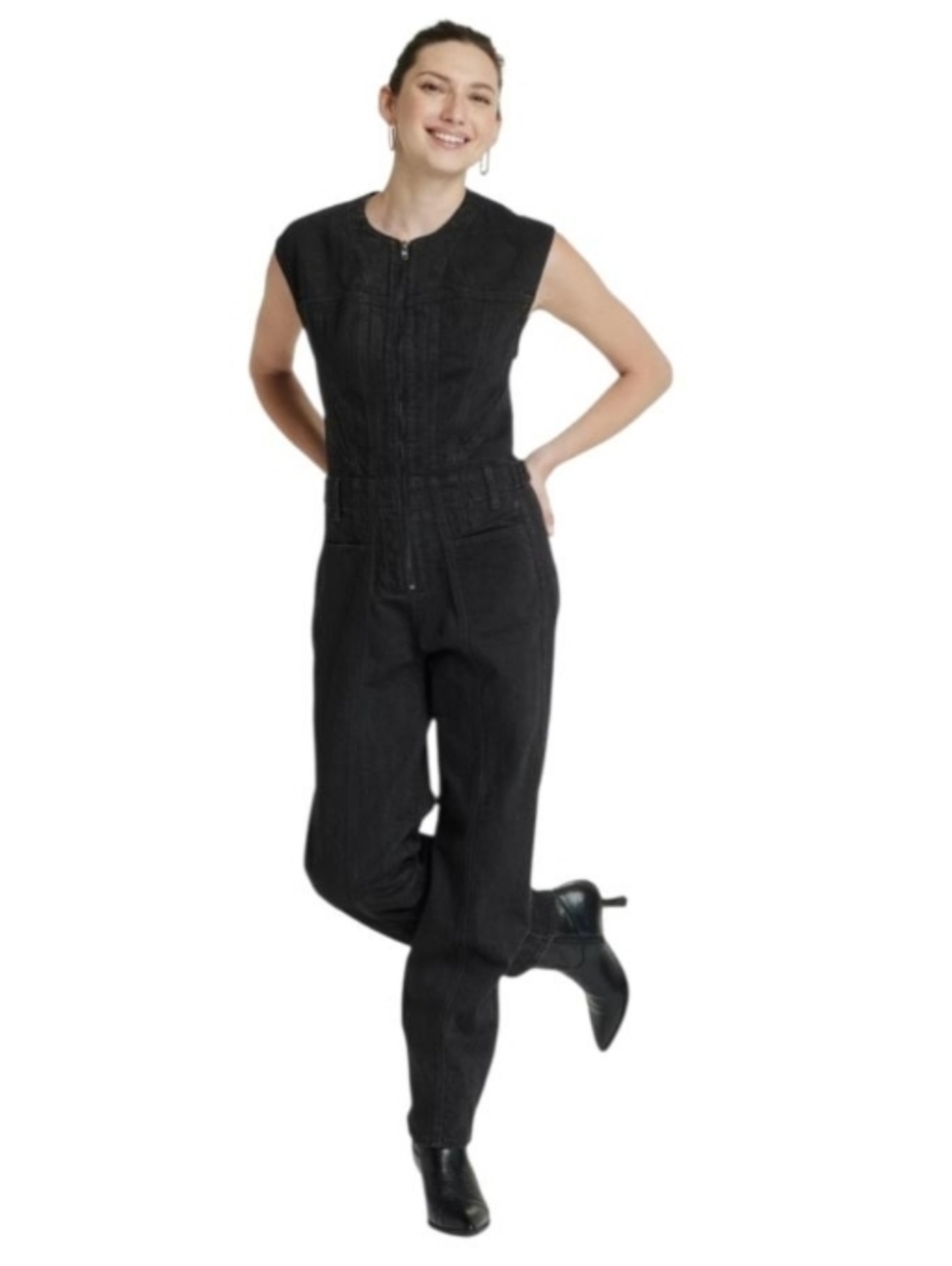 Black Demin Sleeveless Zip-Front Jumpsuit